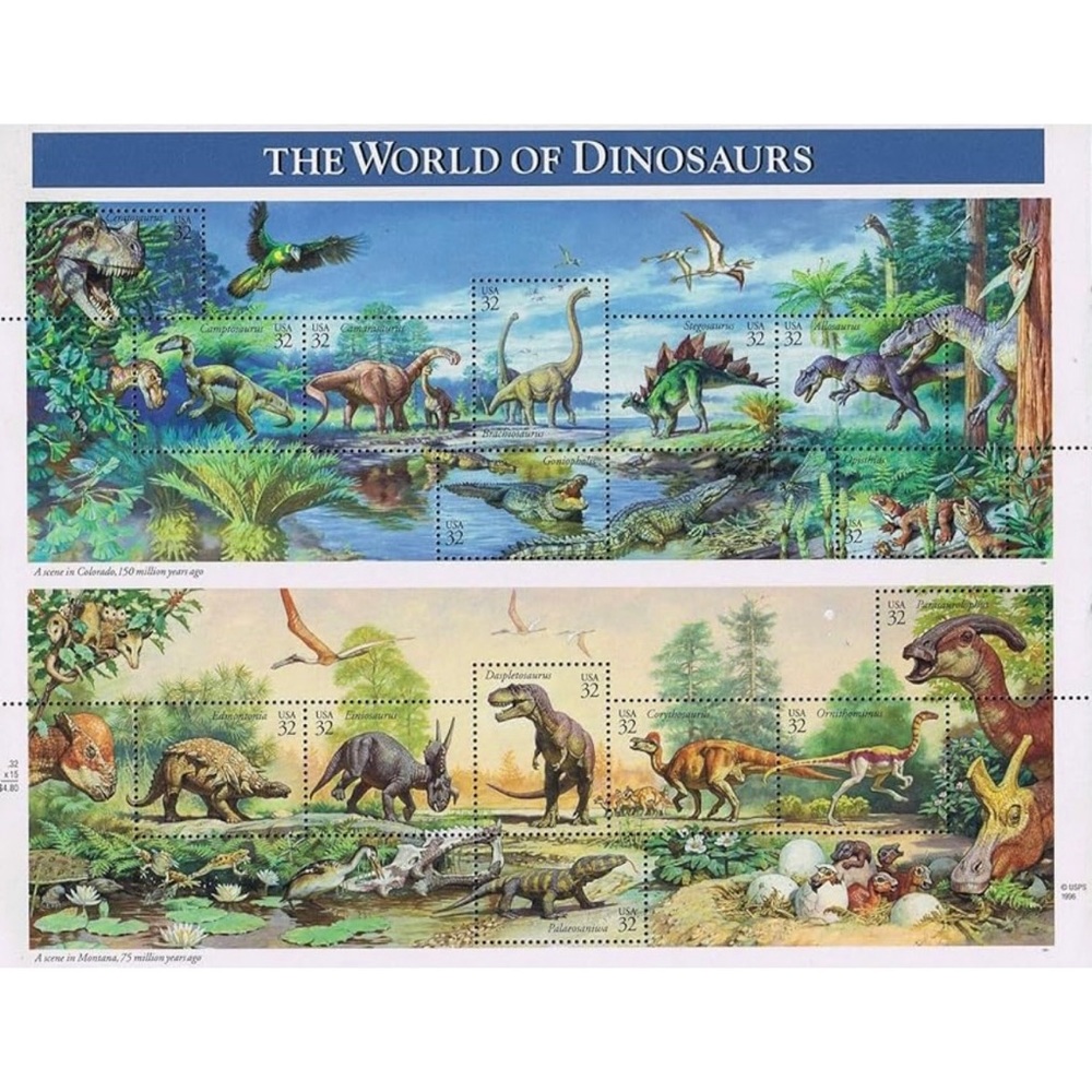 1997 The World of Dinosaurs Sheet of Fifteen 32 Cent Postage Stamps By USPS